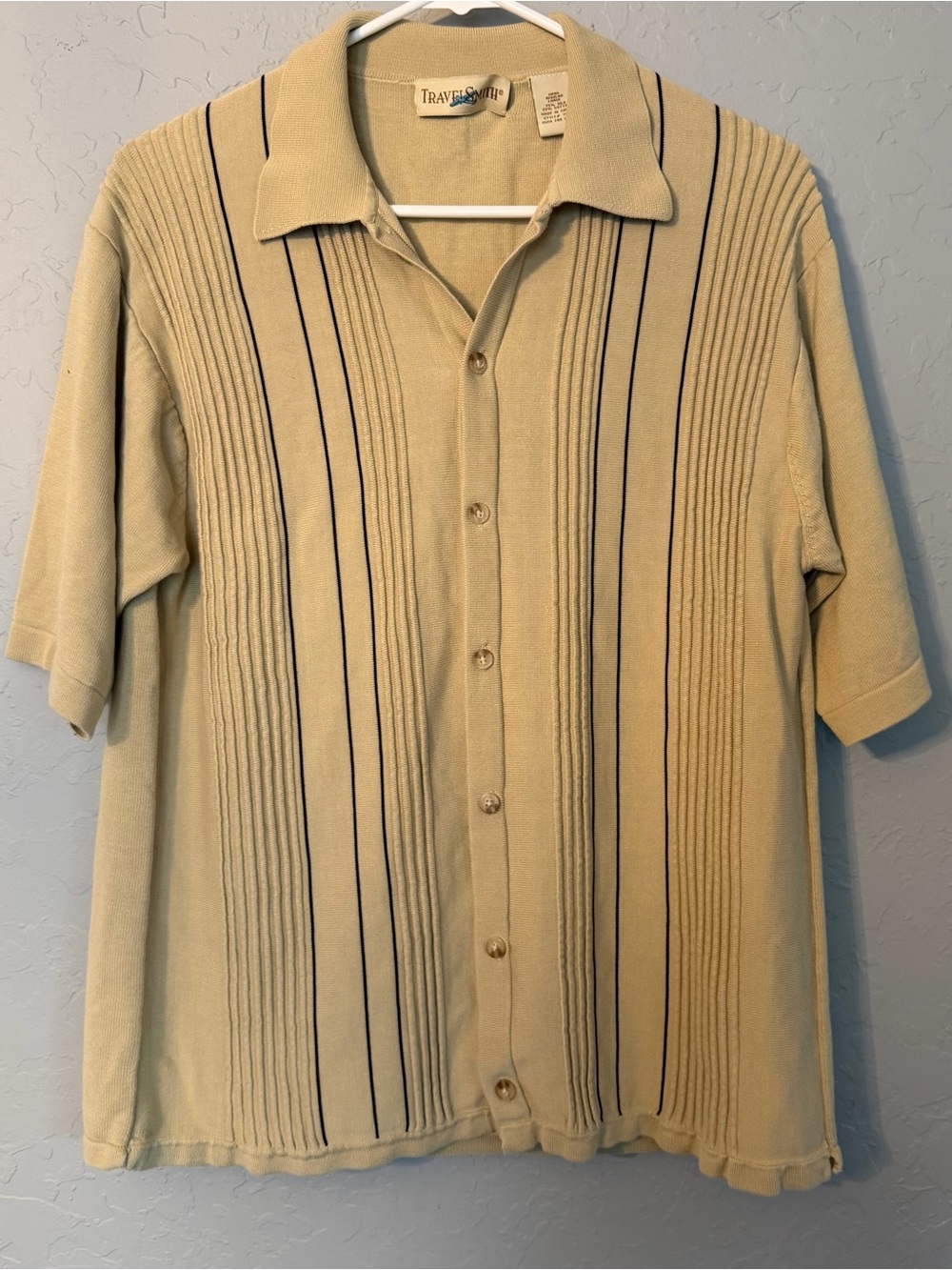 TravelSmith Beige Silk Short-Sleeve Button-Down  Shirt with stripes.